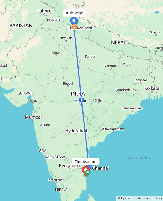 Route map showing distance and travel time from Rishikesh, India to Tindivanam, India