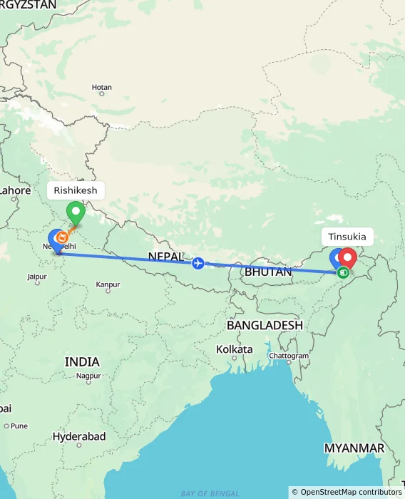 Route map showing distance and travel time from Rishikesh, India to Tinsukia, India