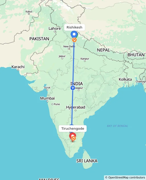 Route map showing distance and travel time from Rishikesh, India to Tiruchengode, India