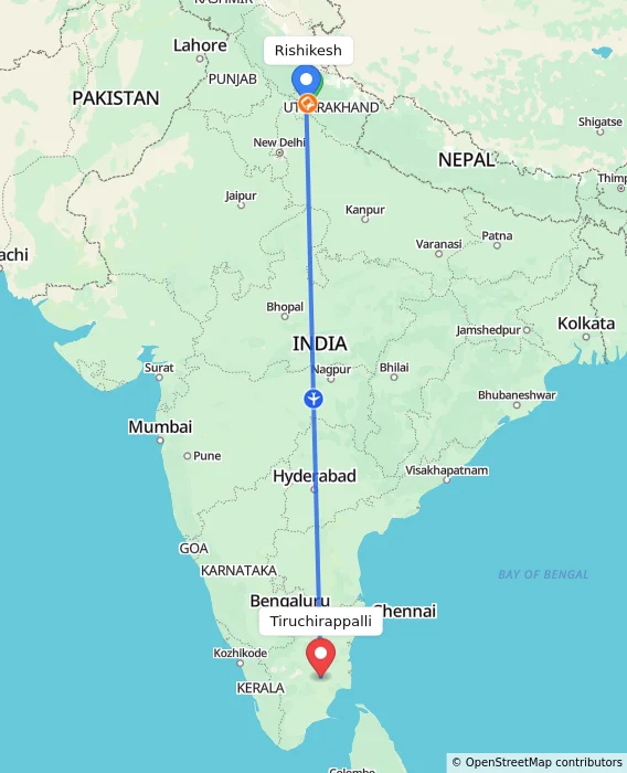 Route map showing distance and travel time from Rishikesh, India to Tiruchirappalli, India