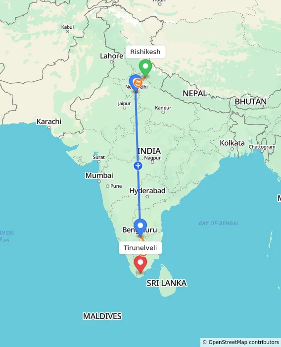 Route map showing distance and travel time from Rishikesh, India to Tirunelveli, India