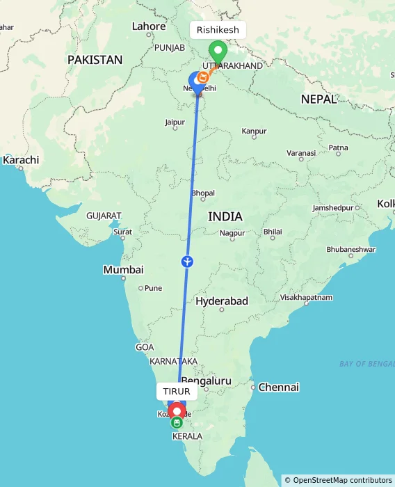 Route map showing distance and travel time from Rishikesh, India to TIRUR, India