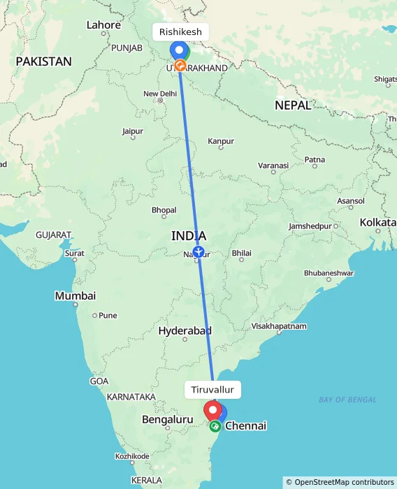 Route map showing distance and travel time from Rishikesh, India to Tiruvallur, India