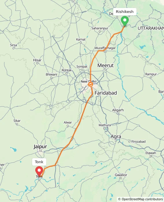 Route map showing distance and travel time from Rishikesh, India to Tonk, India
