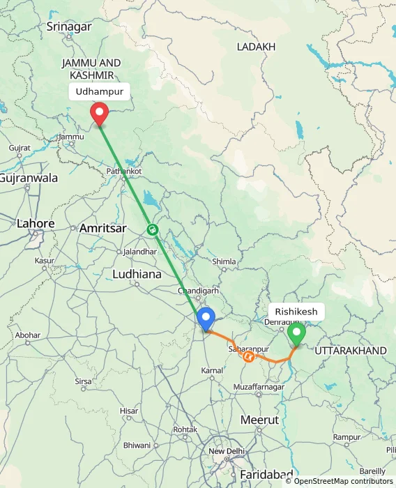 Route map showing distance and travel time from Rishikesh, India to Udhampur, India