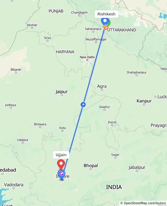 Route map showing distance and travel time from Rishikesh, India to Ujjain, India