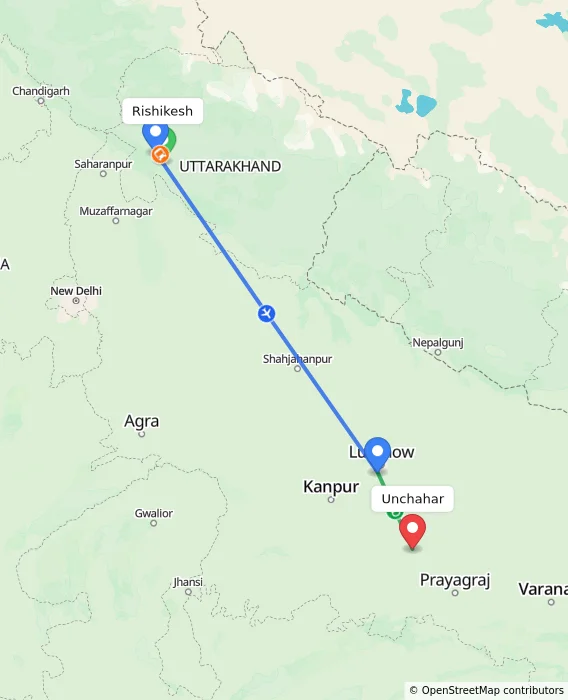 Route map showing distance and travel time from Rishikesh, India to Unchahar, India