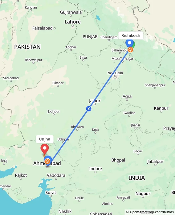 Route map showing distance and travel time from Rishikesh, India to Unjha, India