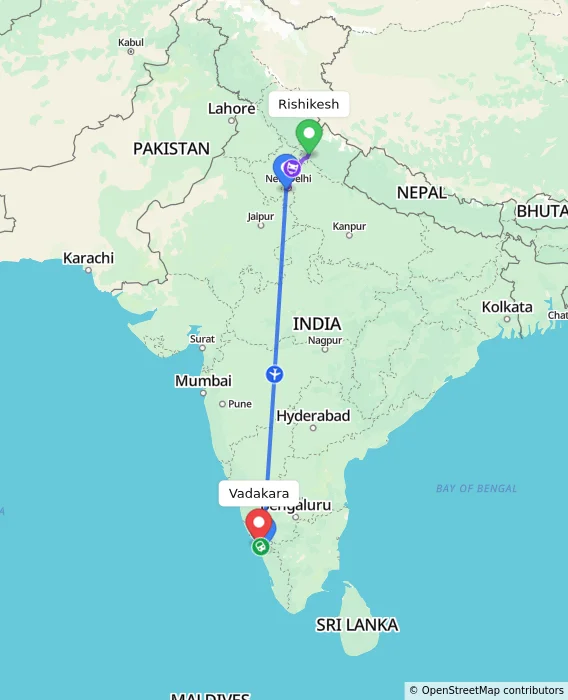Route map showing distance and travel time from Rishikesh, India to Vadakara, India