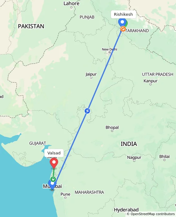 Route map showing distance and travel time from Rishikesh, India to Valsad, India