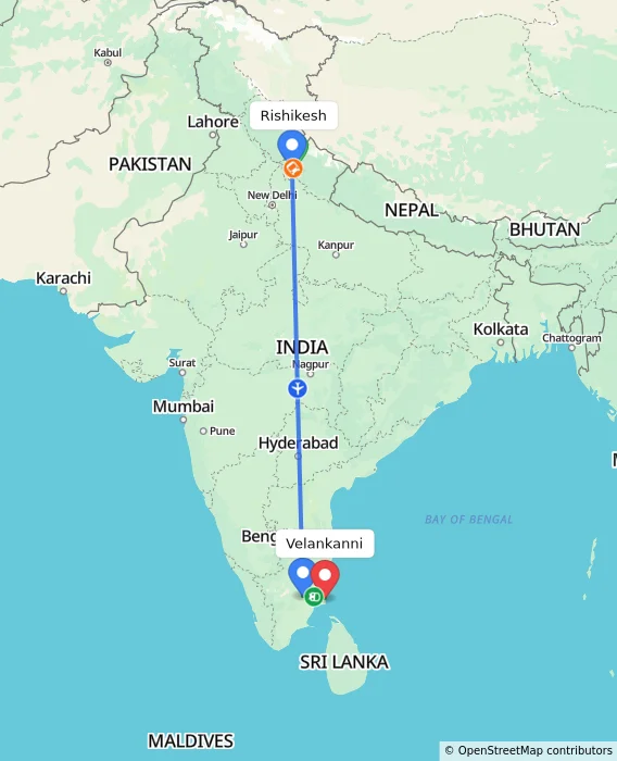 Route map showing distance and travel time from Rishikesh, India to Velankanni, India