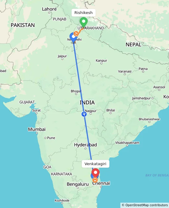 Route map showing distance and travel time from Rishikesh, India to Venkatagiri, India