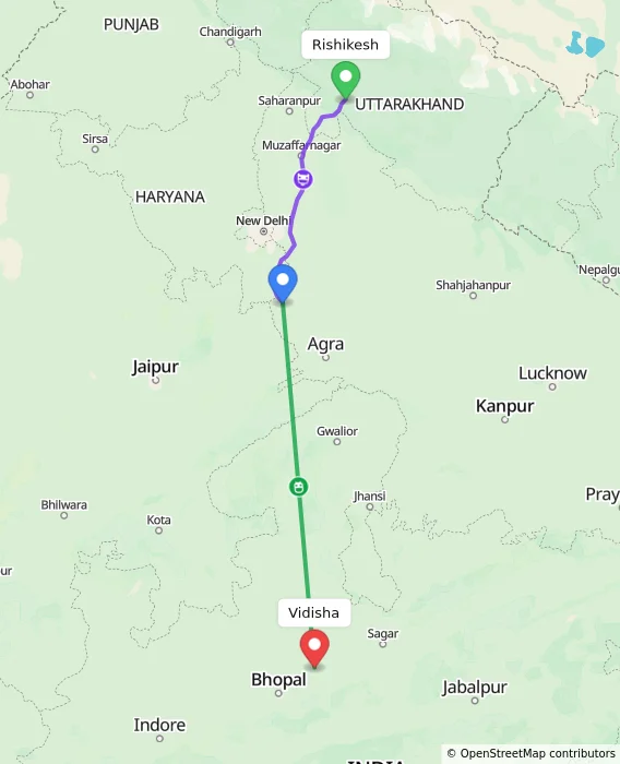 Route map showing distance and travel time from Rishikesh, India to Vidisha, India