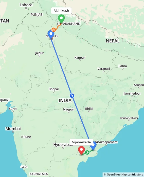 Route map showing distance and travel time from Rishikesh, India to Vijayawada, India