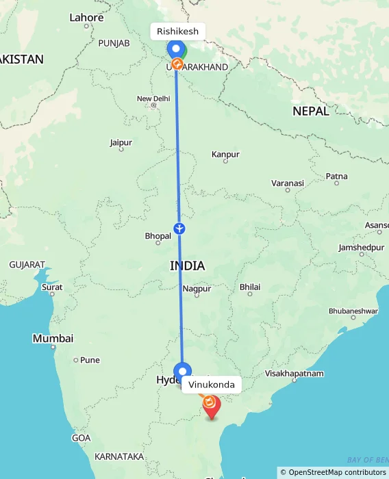 Route map showing distance and travel time from Rishikesh, India to Vinukonda, India