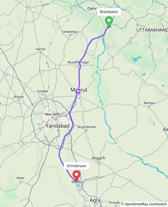 Route map showing distance and travel time from Rishikesh, India to Vrindavan, India