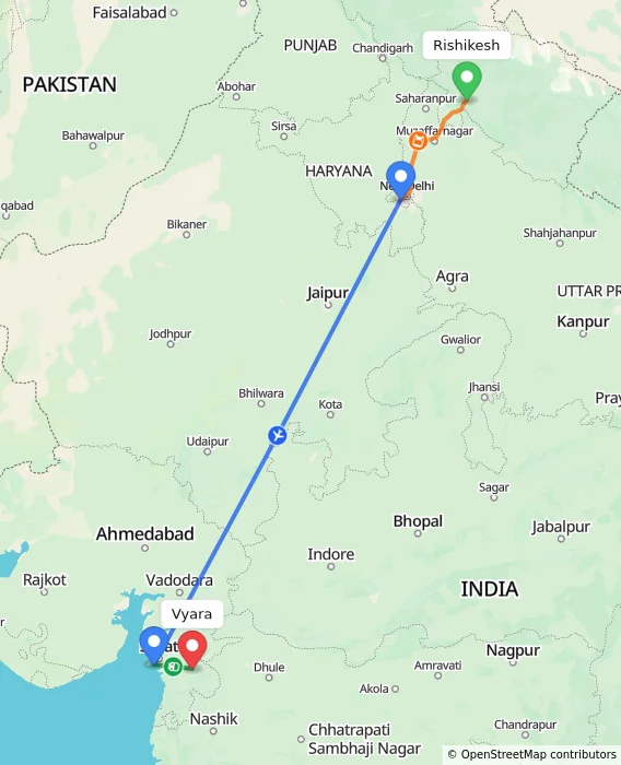 Route map showing distance and travel time from Rishikesh, India to Vyara, India