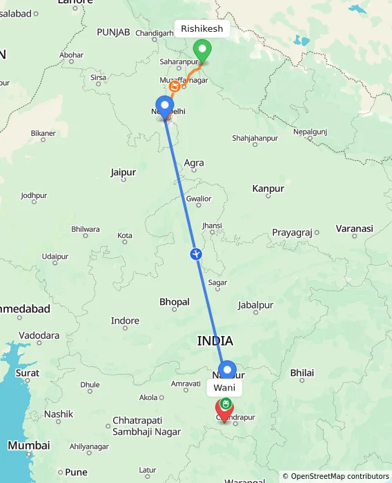 Route map showing distance and travel time from Rishikesh, India to Wani, India