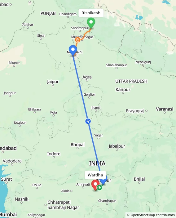 Route map showing distance and travel time from Rishikesh, India to Wardha, India