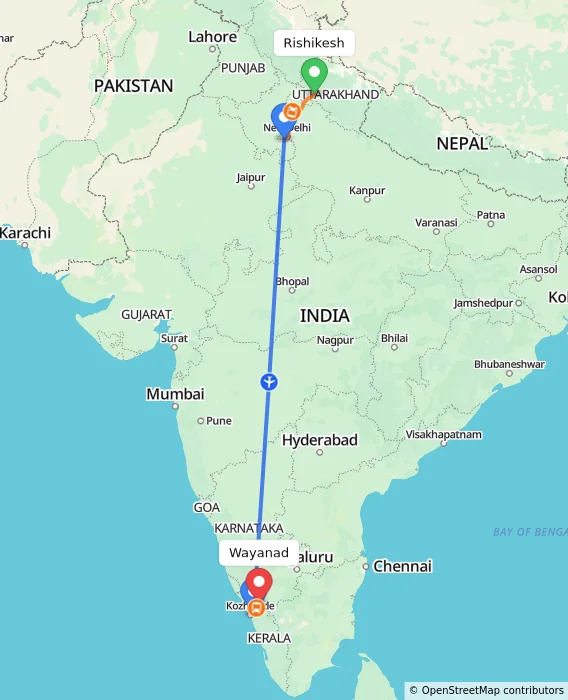 Route map showing distance and travel time from Rishikesh, India to Wayanad, India