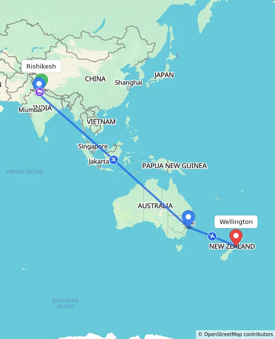 Route map showing distance and travel time from Rishikesh, India to Wellington, New Zealand