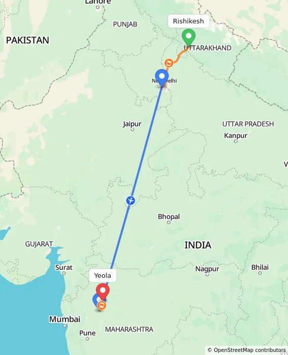 Route map showing distance and travel time from Rishikesh, India to Yeola, India