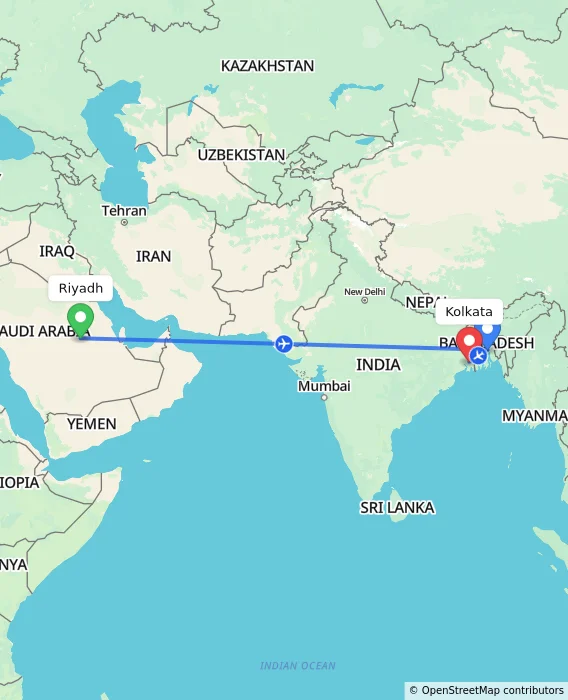 Route map showing distance and travel time from Riyadh, Saudi Arabia to Kolkata, India