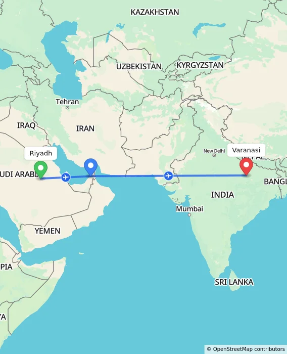 Route map showing distance and travel time from Riyadh, Saudi Arabia to Varanasi, India