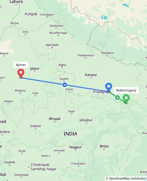 Route map showing distance and travel time from Robertsganj, India to Ajmer, India