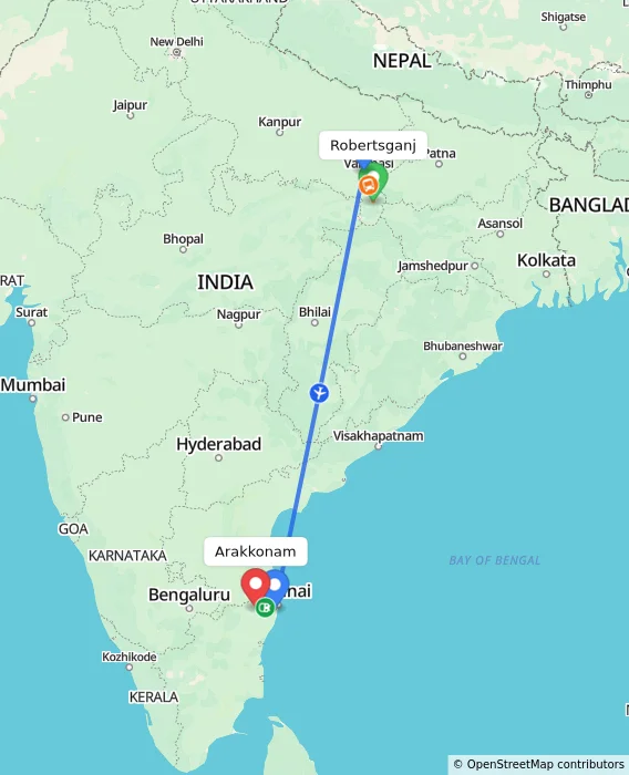 Route map showing distance and travel time from Robertsganj, India to Arakkonam, India