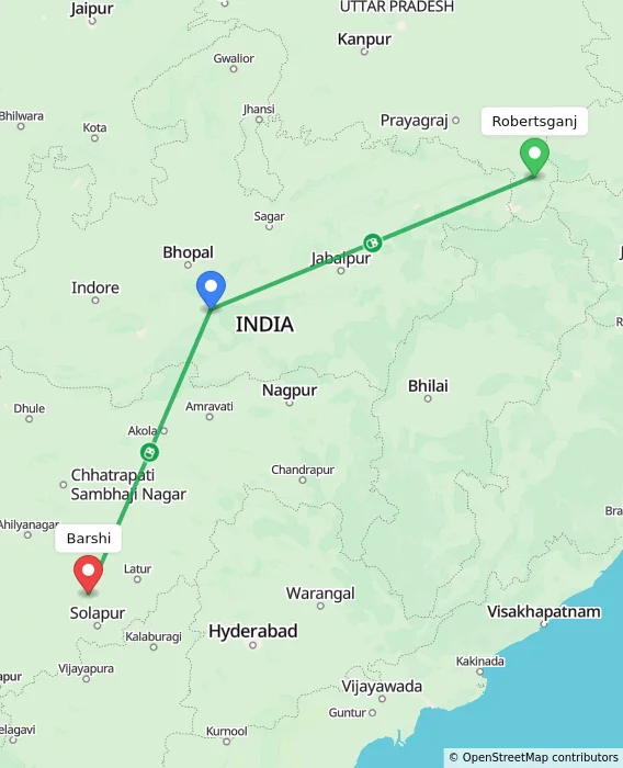 Route map showing distance and travel time from Robertsganj, India to Barshi, India