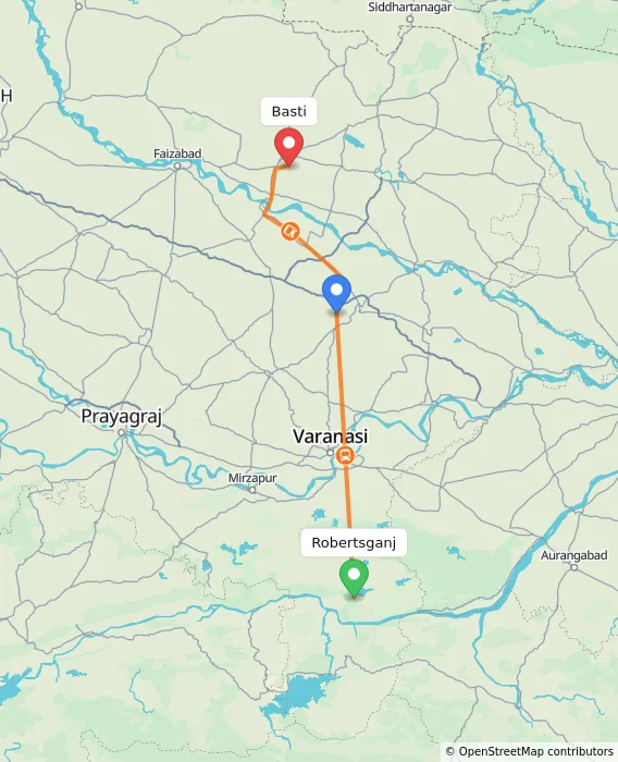 Route map showing distance and travel time from Robertsganj, India to Basti, India