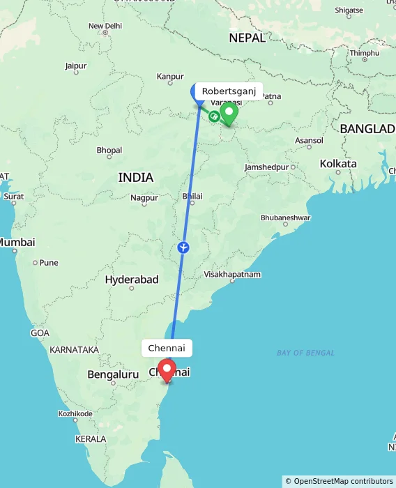 Route map showing distance and travel time from Robertsganj, India to Chennai, India