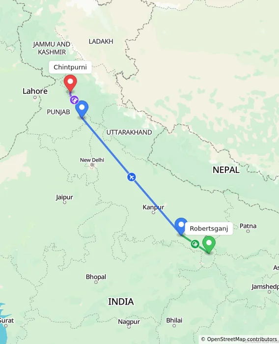 Route map showing distance and travel time from Robertsganj, India to Chintpurni, India