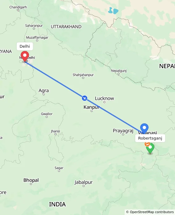 Route map showing distance and travel time from Robertsganj, India to Delhi, India