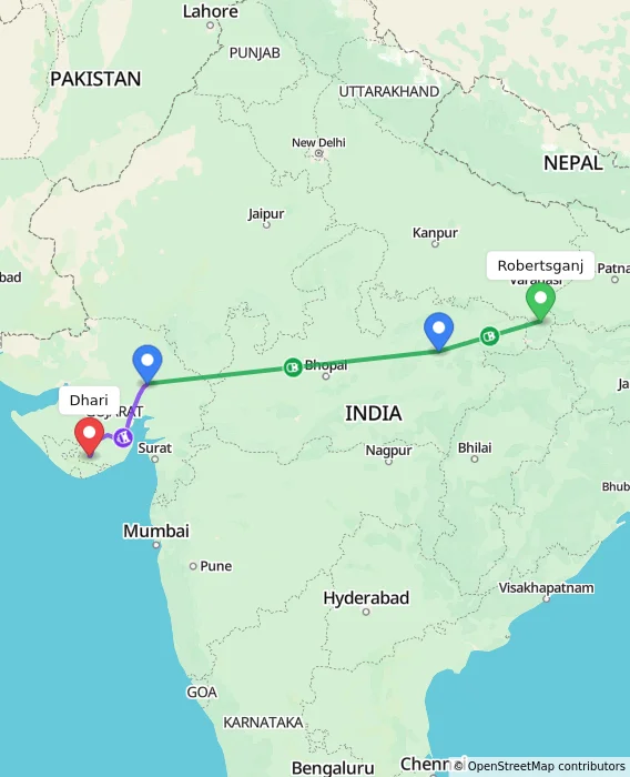 Route map showing distance and travel time from Robertsganj, India to Dhari, India
