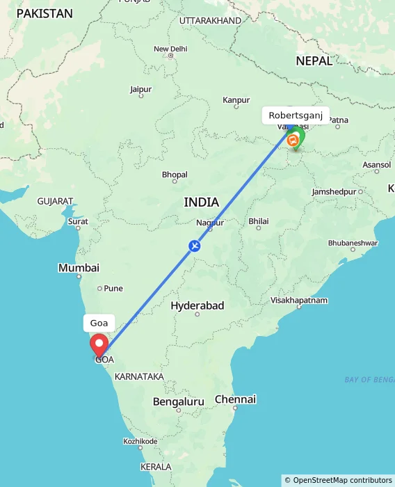 Route map showing distance and travel time from Robertsganj, India to Goa, India