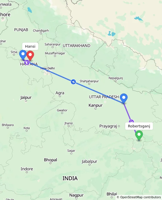 Route map showing distance and travel time from Robertsganj, India to Hansi, India