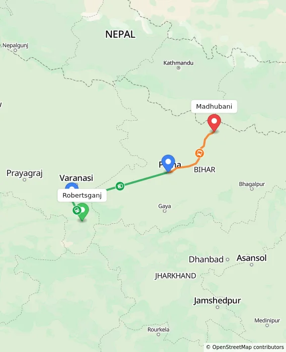 Route map showing distance and travel time from Robertsganj, India to Madhubani, India