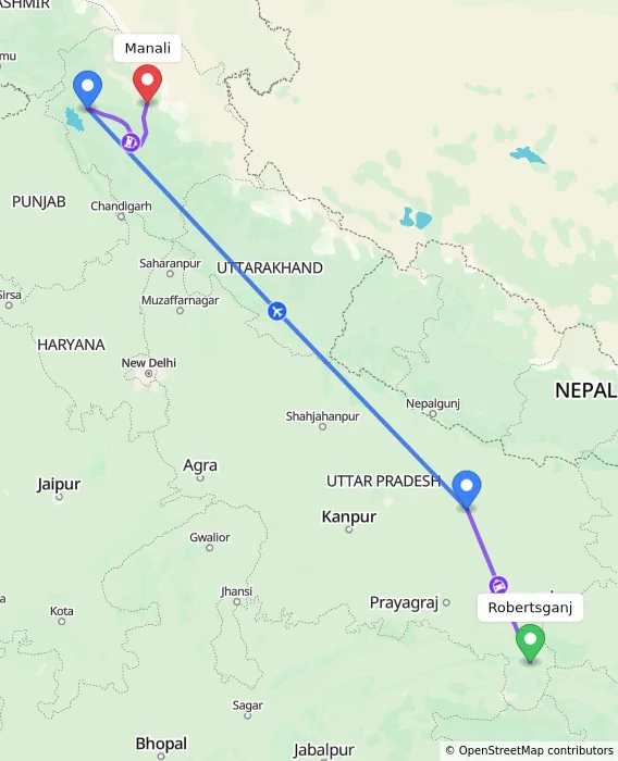 Route map showing distance and travel time from Robertsganj, India to Manali, India
