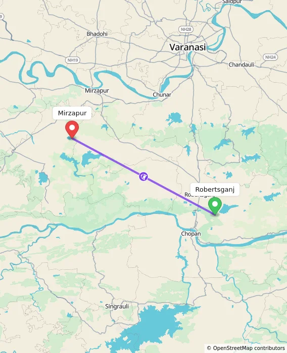 Route map showing distance and travel time from Robertsganj, India to Mirzapur, India