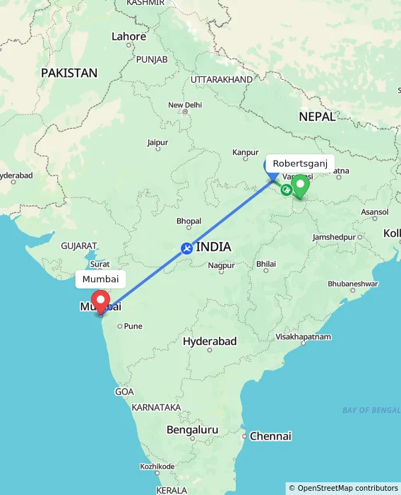 Route map showing distance and travel time from Robertsganj, India to Mumbai, India