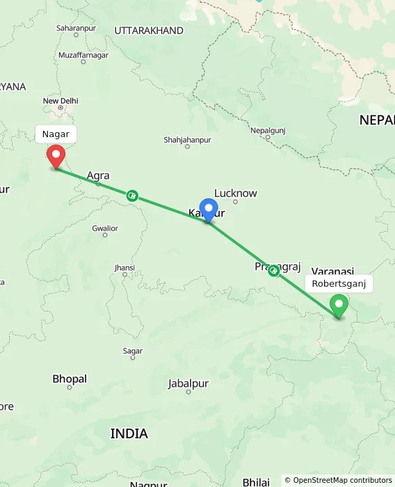 Route map showing distance and travel time from Robertsganj, India to Nagar, India