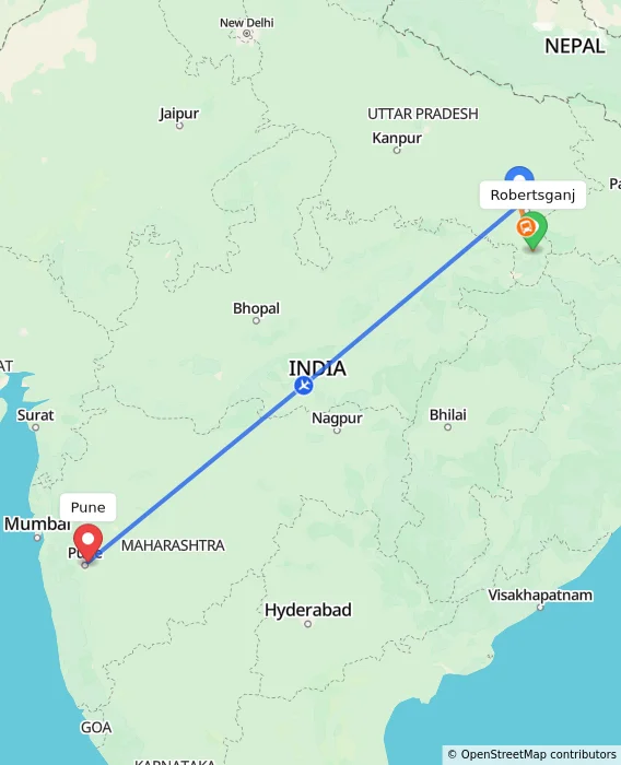 Route map showing distance and travel time from Robertsganj, India to Pune, India