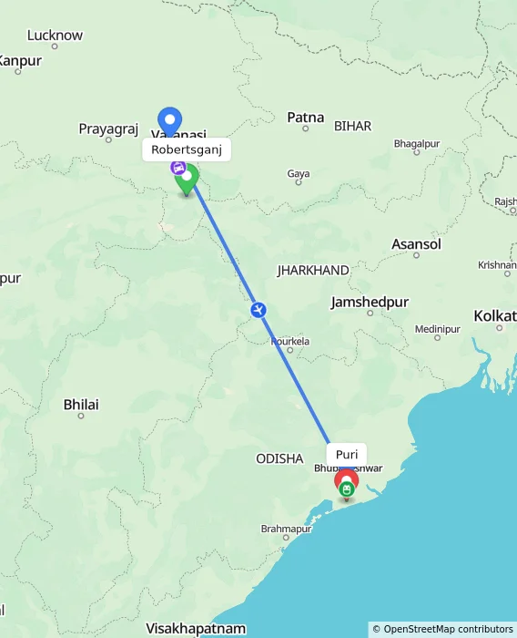 Route map showing distance and travel time from Robertsganj, India to Puri, India