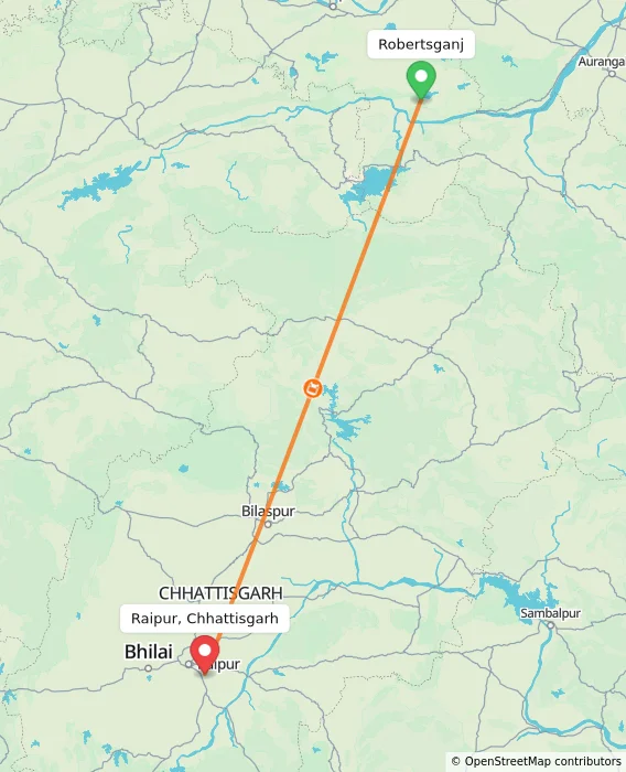 Route map showing distance and travel time from Robertsganj, India to Raipur, Chhattisgarh, India