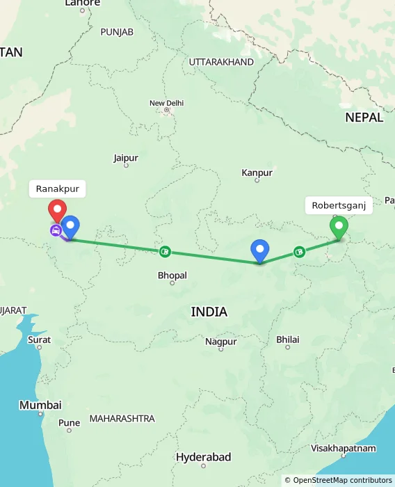 Route map showing distance and travel time from Robertsganj, India to Ranakpur, India