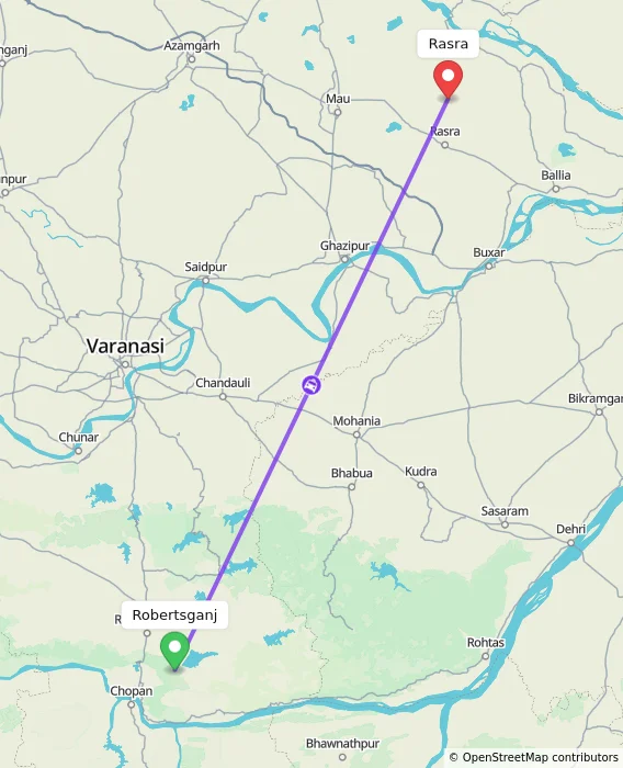 Route map showing distance and travel time from Robertsganj, India to Rasra, India