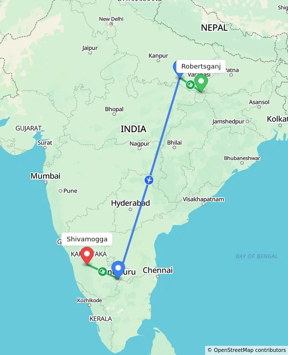 Route map showing distance and travel time from Robertsganj, India to Shivamogga, India
