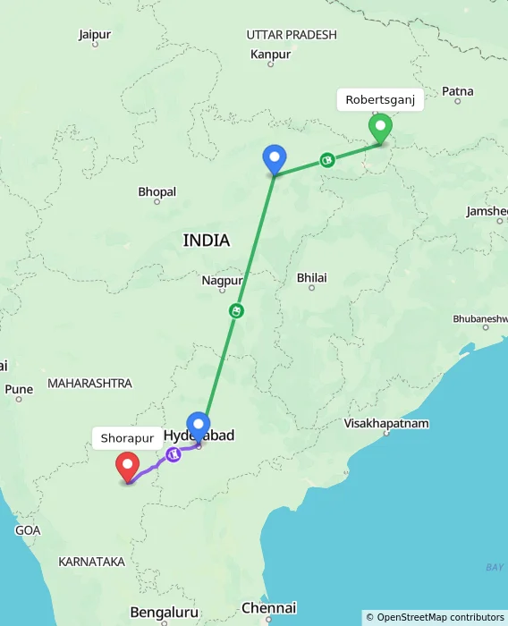 Route map showing distance and travel time from Robertsganj, India to Shorapur, India